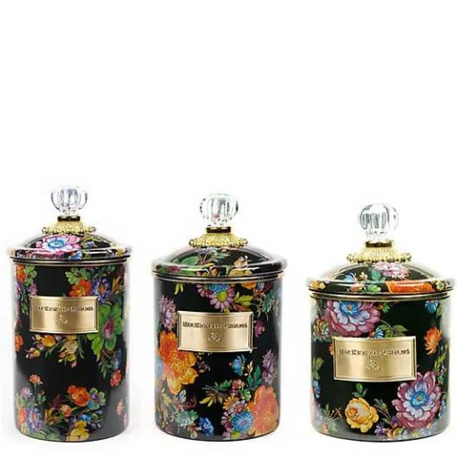 Black Flower Market Canisters, Set of 3