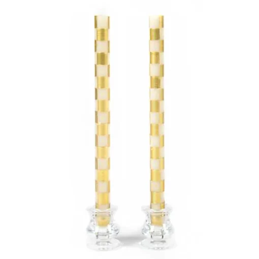 Check Gold  Ivory Dinner Candles, Set of 2