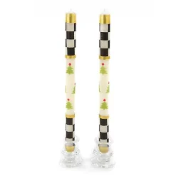 Christmas Tree Dinner Candles - Check Bands - Set of 2