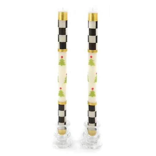 Christmas Tree Dinner Candles - Check Bands - Set of 2