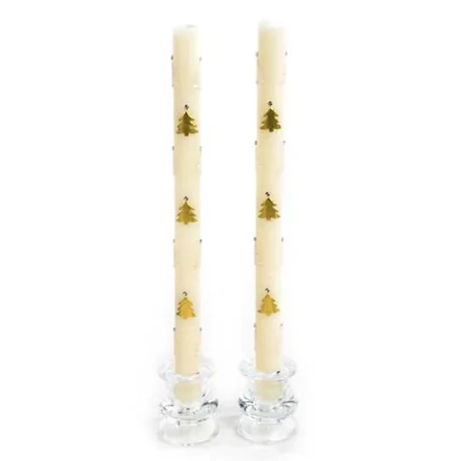 Christmas Tree Dinner Candles - Gold  Pearl - Set of 2
