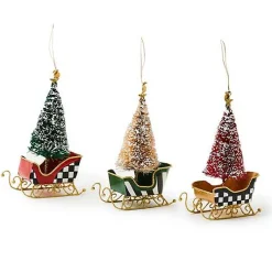 Courtly Bottle Brush Tin Sleigh Ornaments, Set of 3
