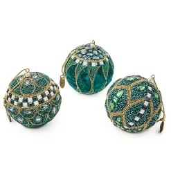 Emerald Luxe Beaded Ball Ornaments, Set of 3