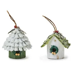 Farmhouse Holiday Birdhouse Ornaments, Set of 2
