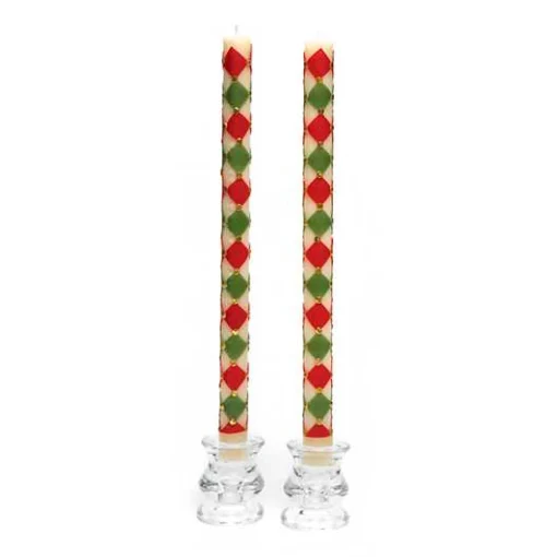 Harlequin Dot Dinner Candles - Red, Green,  Gold - Set of 2