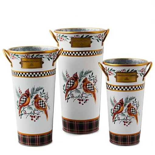 Holiday Cardinal Metal Flower Buckets, Set of 3