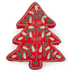 Holiday Red Tree Shaped Embroidered Throw Pillow