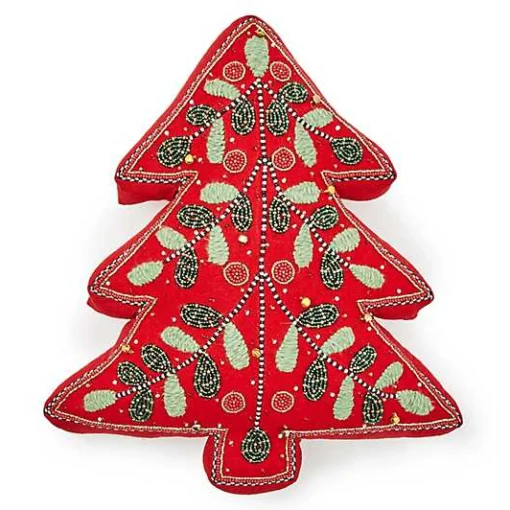 Holiday Red Tree Shaped Embroidered Throw Pillow