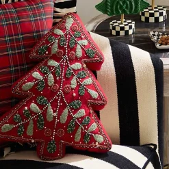Holiday Red Tree Shaped Embroidered Throw Pillow