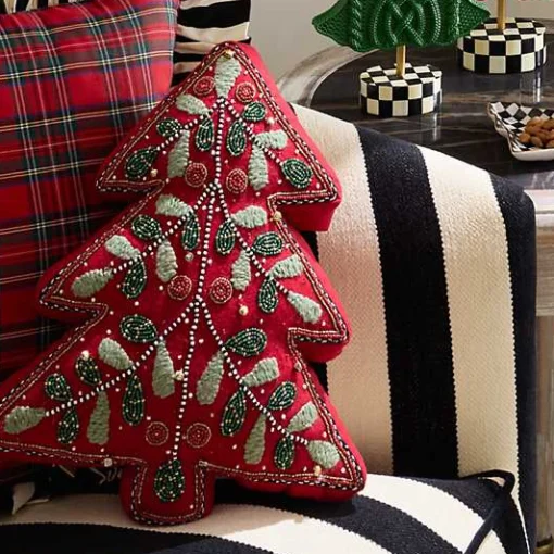 Holiday Red Tree Shaped Embroidered Throw Pillow