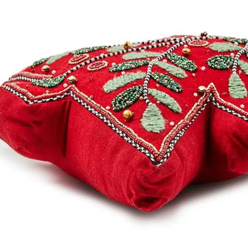 Holiday Red Tree Shaped Embroidered Throw Pillow