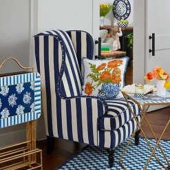 Marquee Navy Stripe Chenille Wing Chair