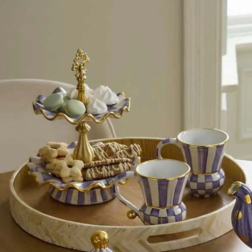 Plum Check Ceramic Two Tier Sweet Stand