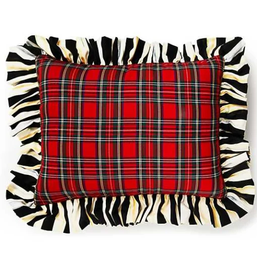 Red Tartan  Stripe Ruffle Lumbar Pillow