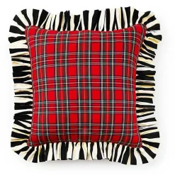 Red Tartan  Stripe Ruffle Throw Pillow