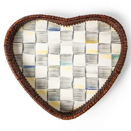 Sterling Check Rattan  Enamel Heart Tray